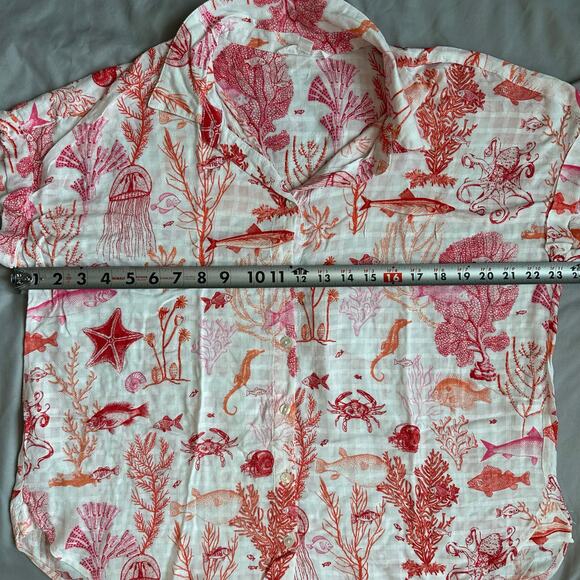 Jane & Delancey Cream/Red/Pink, Ocean Creatures, Short Sleeve Button Down- XL - Picture 7 of 8